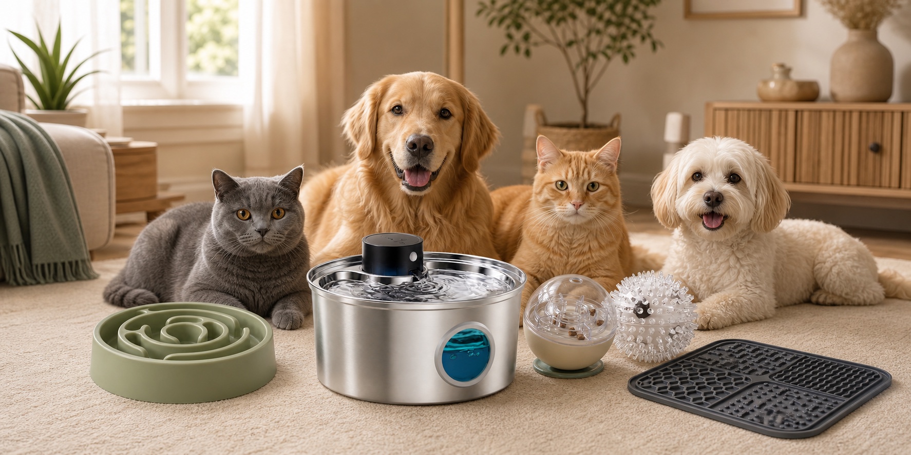 Famille de deux chats et deux chiens derrière les produits Naïa